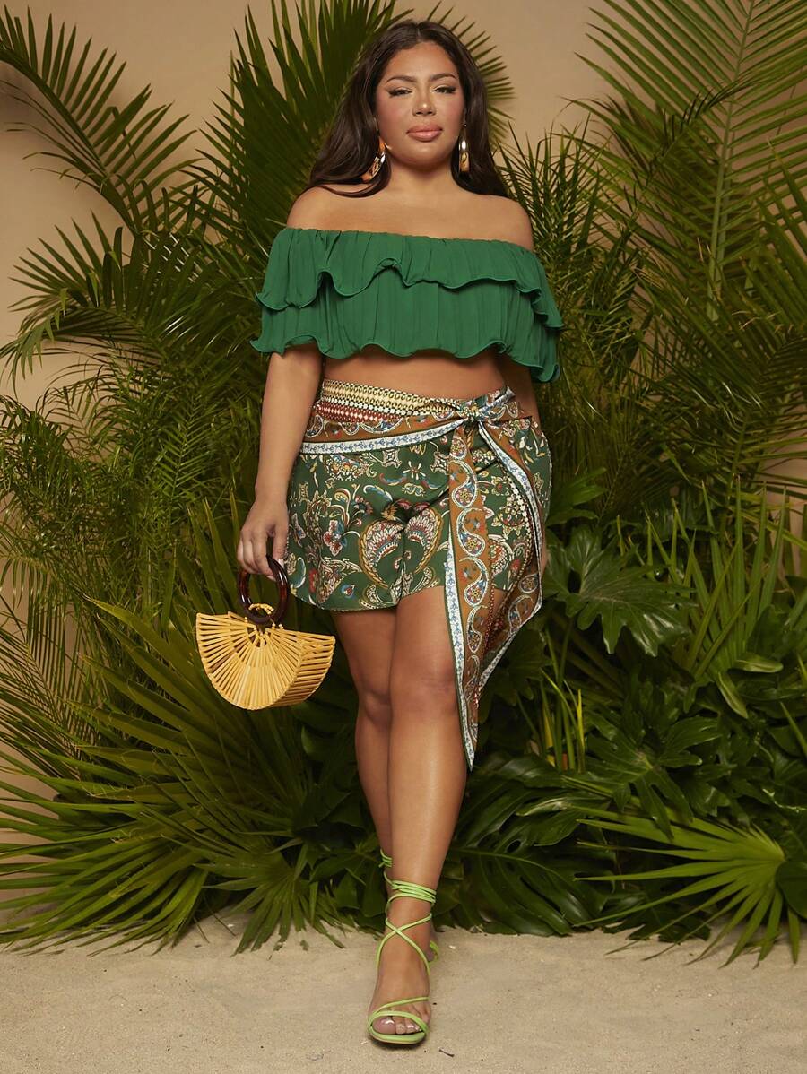 SHEIN SXY Plus Off Shoulder Ruffle Trim Crop Top - Green - View 1