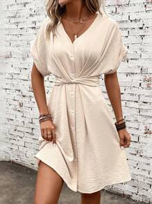 SHEIN LUNE 前扭結蝙蝠袖前排扣連衣裙 - 杏色 - 查看 1