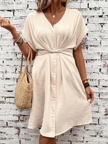 SHEIN LUNE 前扭結蝙蝠袖前排扣連衣裙 - 杏色 - 查看 6