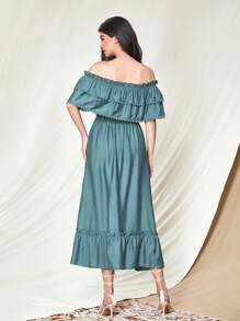 Mulvari Đầm Tương phản ren viền lá sen Viên lá sen Xù phân lớp màu trơn Boho - Màu xanh Cadet - Xem 3