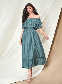 Mulvari Đầm Tương phản ren viền lá sen Viên lá sen Xù phân lớp màu trơn Boho - Màu xanh Cadet - Xem 2