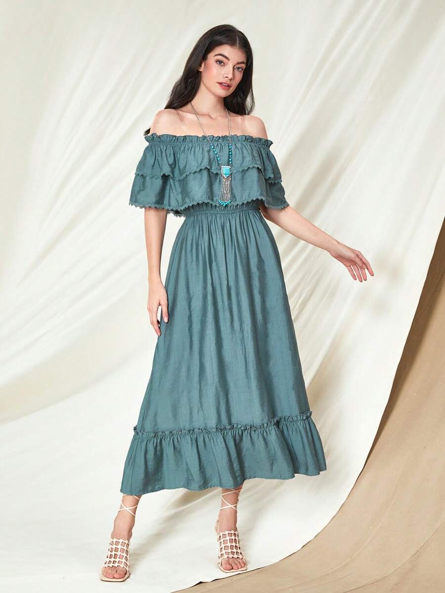 Mulvari Đầm Tương phản ren viền lá sen Viên lá sen Xù phân lớp màu trơn Boho - Màu xanh Cadet - Xem 1