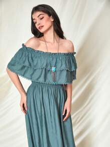 Mulvari Đầm Tương phản ren viền lá sen Viên lá sen Xù phân lớp màu trơn Boho - Màu xanh Cadet - Xem 5