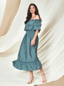 Mulvari Đầm Tương phản ren viền lá sen Viên lá sen Xù phân lớp màu trơn Boho - Màu xanh Cadet - Xem 4