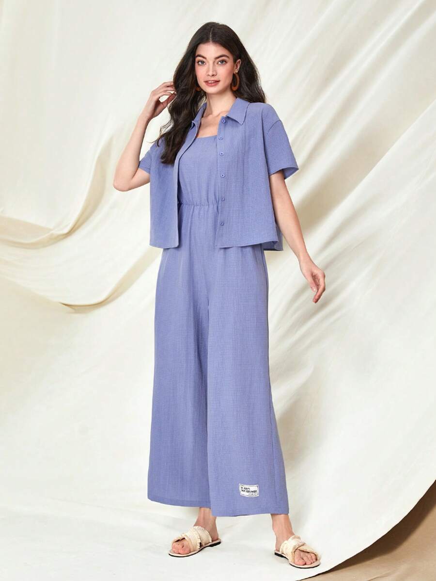 Mulvari Solid Button Front Shirt & Letter Patched Cami Jumpsuit 2 Piece Set - Blue - View 1