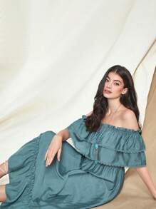 Mulvari Đầm Tương phản ren viền lá sen Viên lá sen Xù phân lớp màu trơn Boho - Màu xanh Cadet - Xem 6