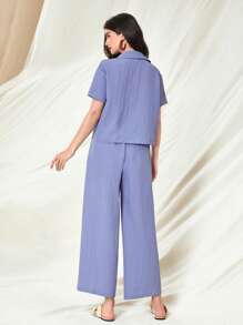 Mulvari Solid Button Front Shirt & Letter Patched Cami Jumpsuit 2 Piece Set - Blue - View 2