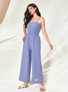 Mulvari Solid Button Front Shirt & Letter Patched Cami Jumpsuit 2 Piece Set - Blue - View 3