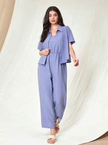 Mulvari Solid Button Front Shirt & Letter Patched Cami Jumpsuit 2 Piece Set - Blue - View 4