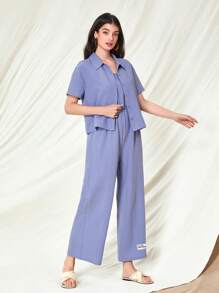 Mulvari Solid Button Front Shirt & Letter Patched Cami Jumpsuit 2 Piece Set - Blue - View 5