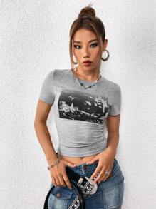 Gothic Valentine  Print T-Shirt - Grey - View 3