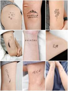 件/包黑色銀河、羽毛、飛鳥、花朵、蝴蝶小圖案臨時紋身貼紙適用於手指、耳朵、身體部位 - 黑色 - 查看 1