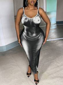 Slaydiva 大碼身體熱成像印花吊帶緊身連衣裙 - 黑與白 - 查看 1