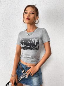 Gothic Valentine  Print T-Shirt - Grey - View 4