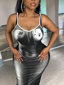 Slaydiva 大碼身體熱成像印花吊帶緊身連衣裙 - 黑與白 - 查看 5