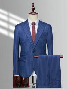 Manfinity Mode 男士1入組細條紋單釦西裝外套&1入組西裝褲套裝 - 藍色 - 查看 1