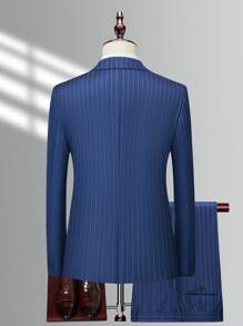 Manfinity Mode 男士1入組細條紋單釦西裝外套&1入組西裝褲套裝 - 藍色 - 查看 2
