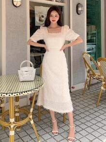DAZY Đầm Dây kéo màu trơn Thanh lịch - Màu be - Xem 4