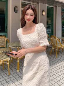 DAZY Đầm Dây kéo màu trơn Thanh lịch - Màu be - Xem 8