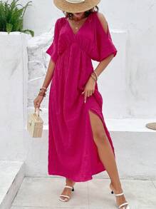 SHEIN VCAY Solid Batwing Sleeve Split Thigh Dress - Hot Pink - View 3