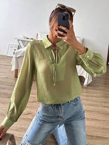 SHEIN Frenchy Tie Neck Lantern Sleeve Shirt - Olive Green - View 4