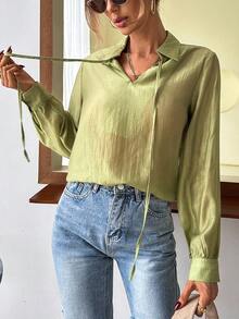 SHEIN Frenchy Tie Neck Lantern Sleeve Shirt - Olive Green - View 3