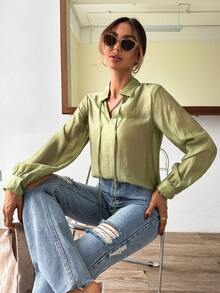 SHEIN Frenchy Tie Neck Lantern Sleeve Shirt - Olive Green - View 6