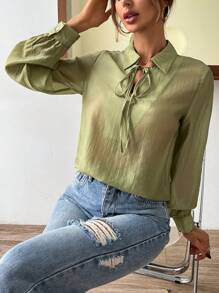 SHEIN Frenchy Tie Neck Lantern Sleeve Shirt - Olive Green - View 1