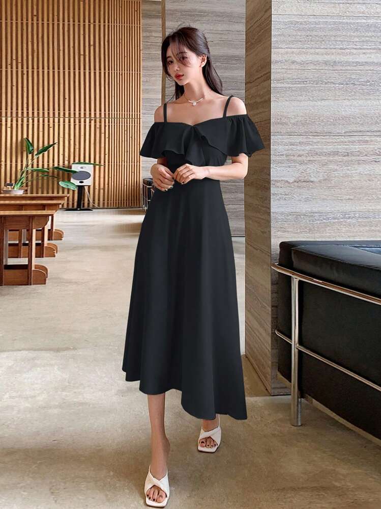 DAZY Cold Shoulder Ruffle Trim Dress Sundress - Black - View 1