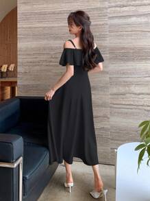 DAZY 挖肩荷葉邊連衣裙 - 黑色 - 查看 2