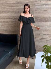 DAZY 挖肩荷葉邊連衣裙 - 黑色 - 查看 3