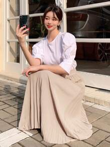 DAZY Women Daily Wear Solid Color Pleated Skirt Fall - Apricot - View 5