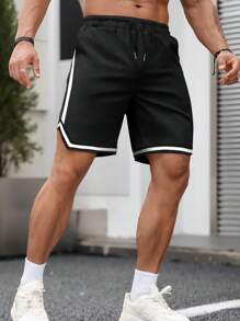 Aesthetic Post--Men Contrast Tape Drawstring Waist Shorts - Black - View 1
