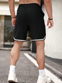 Aesthetic Post--Men Contrast Tape Drawstring Waist Shorts - Black - View 2