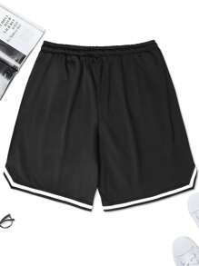 Aesthetic Post--Men Contrast Tape Drawstring Waist Shorts - Black - View 4