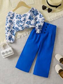 SHEIN Toddler Girls Floral Print Ruched Front Top & Button Detail Plicated Pants