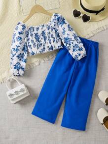 SHEIN Toddler Girls Floral Print Ruched Front Top & Button Detail Plicated Pants