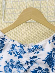 SHEIN Toddler Girls Floral Print Ruched Front Top & Button Detail Plicated Pants