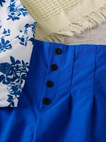 SHEIN Toddler Girls Floral Print Ruched Front Top & Button Detail Plicated Pants