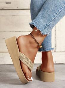 Phụ nữ thoải mái Toe Post Sandals, Summer Linen Wedge Slide Sandals - Màu be - Xem 3