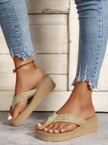 Phụ nữ thoải mái Toe Post Sandals, Summer Linen Wedge Slide Sandals - Màu be - Xem 4