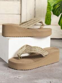 Phụ nữ thoải mái Toe Post Sandals, Summer Linen Wedge Slide Sandals - Màu be - Xem 5