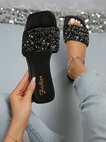 Women Rhinestone & Faux Pearl Decor Flat Sandals, Glamorous Summer Slide Sandals - Black - View 1
