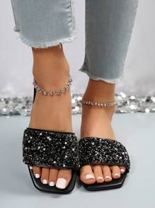 Women Rhinestone & Faux Pearl Decor Flat Sandals, Glamorous Summer Slide Sandals - Black - View 2