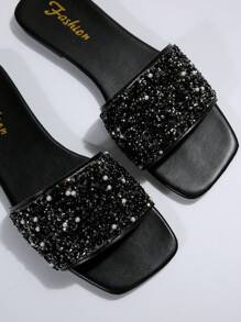 Women Rhinestone & Faux Pearl Decor Flat Sandals, Glamorous Summer Slide Sandals - Black - View 3