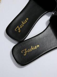 Women Rhinestone & Faux Pearl Decor Flat Sandals, Glamorous Summer Slide Sandals - Black - View 5