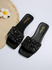 Women Rhinestone & Faux Pearl Decor Flat Sandals, Glamorous Summer Slide Sandals - Black - View 6
