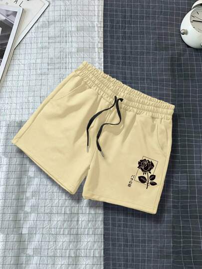 Guys Rose Print Drawstring Waist Shorts