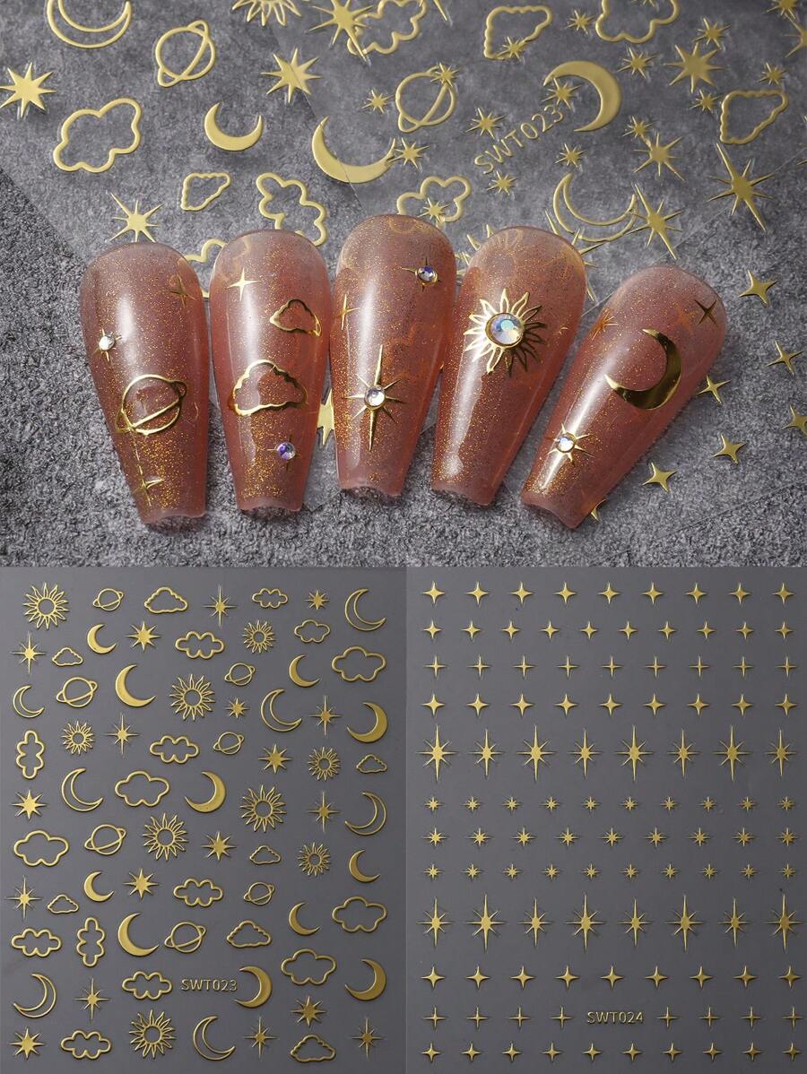 3D金屬閃耀明亮古銅銀星金指甲藝術貼紙，2入組圖騰雲月星奢華指甲自粘貼紙，家用指甲貼紙DIY - 金色 - 查看 1
