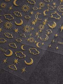 3D金屬閃耀明亮古銅銀星金指甲藝術貼紙，2入組圖騰雲月星奢華指甲自粘貼紙，家用指甲貼紙DIY - 金色 - 查看 2